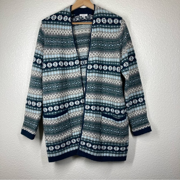 J. Jill Long Cardigan Fair Isle Patch Pocket Open Front Duster Small Petite Blue - Picture 4 of 16